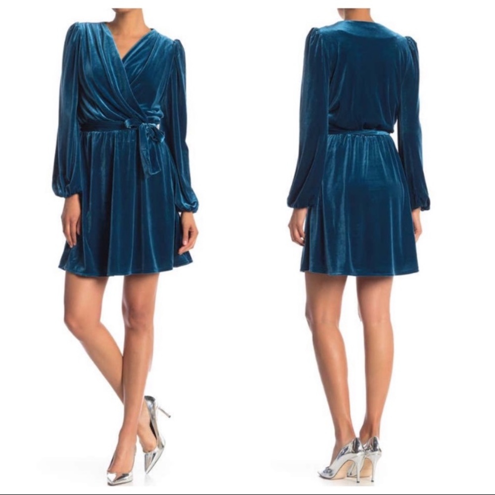 Bebe Faux Wrap Blue Opal Velvet Dress